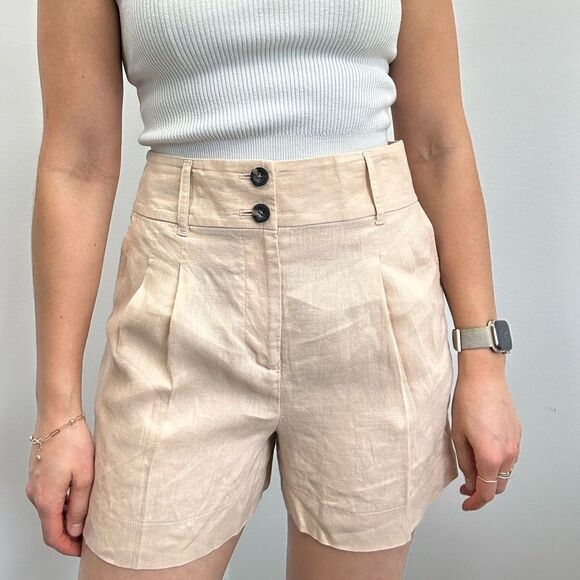 Boden Beige Tan High Rise 100% Linen Pleat Front Shorts 4” inseam Size 4 - Picture 1 of 6